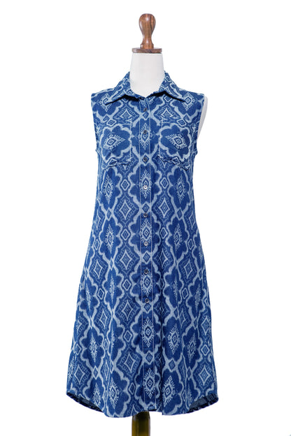 Eyeful Blue 100% Cotton Shirt Dress with Geometric Pattern