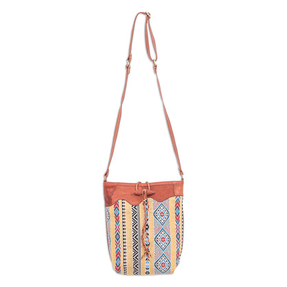 Joyful Journey in Yellow Leather-Accented Cotton Blend Sling Bag