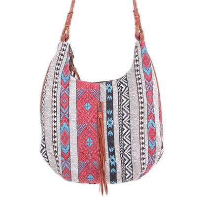 Fabled Land in Red Cotton Blend Sling Bag with Geometric Motif