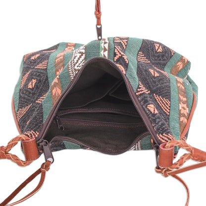 Fabled Land in Green Leather-Accented Sling Bag with Geometric Motif