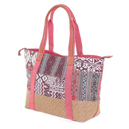 Happy Journey in Red Woven Cotton and Leather Shoulder Bag