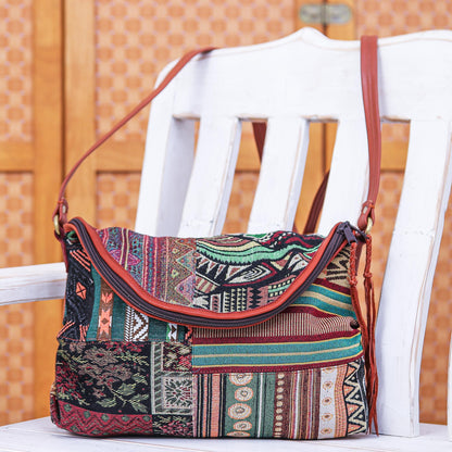 Casual Lanna in Green Leather Accented Cotton Sling Bag from Thailand