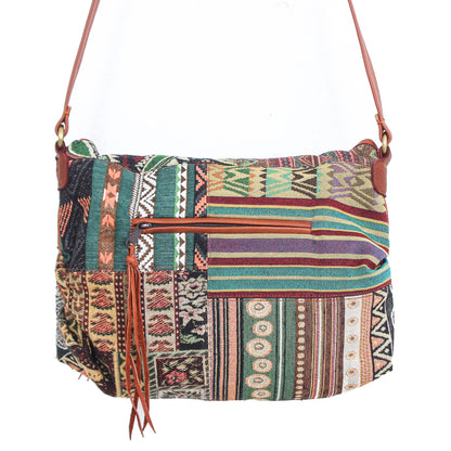 Casual Lanna in Green Leather Accented Cotton Sling Bag from Thailand