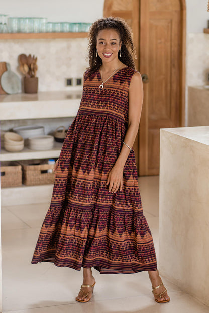 Borobudur Hand-Woven Cotton Maxi Dress with Ikat Motif