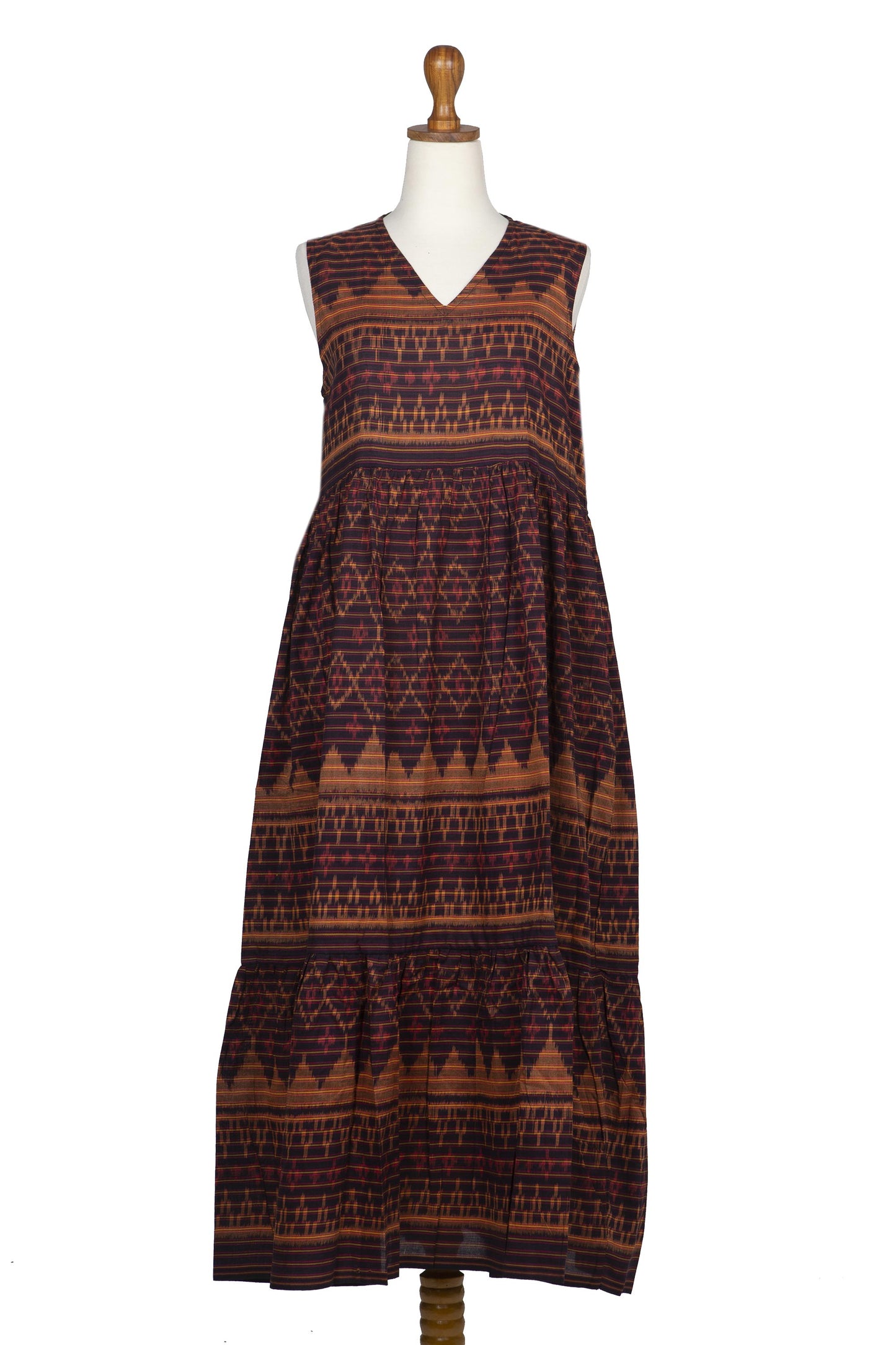 Borobudur Hand-Woven Cotton Maxi Dress with Ikat Motif