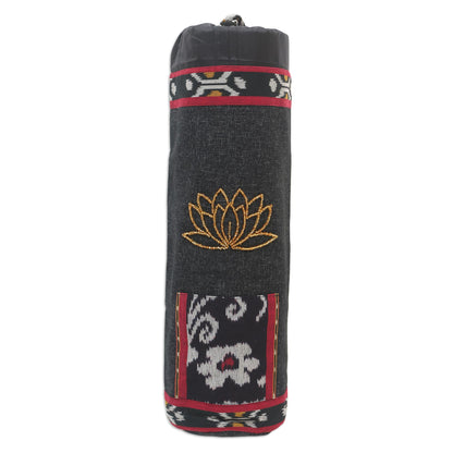 Lotus Lagoon in Black Ikat Cotton Yoga Mat Bag with Glass Bead Motif