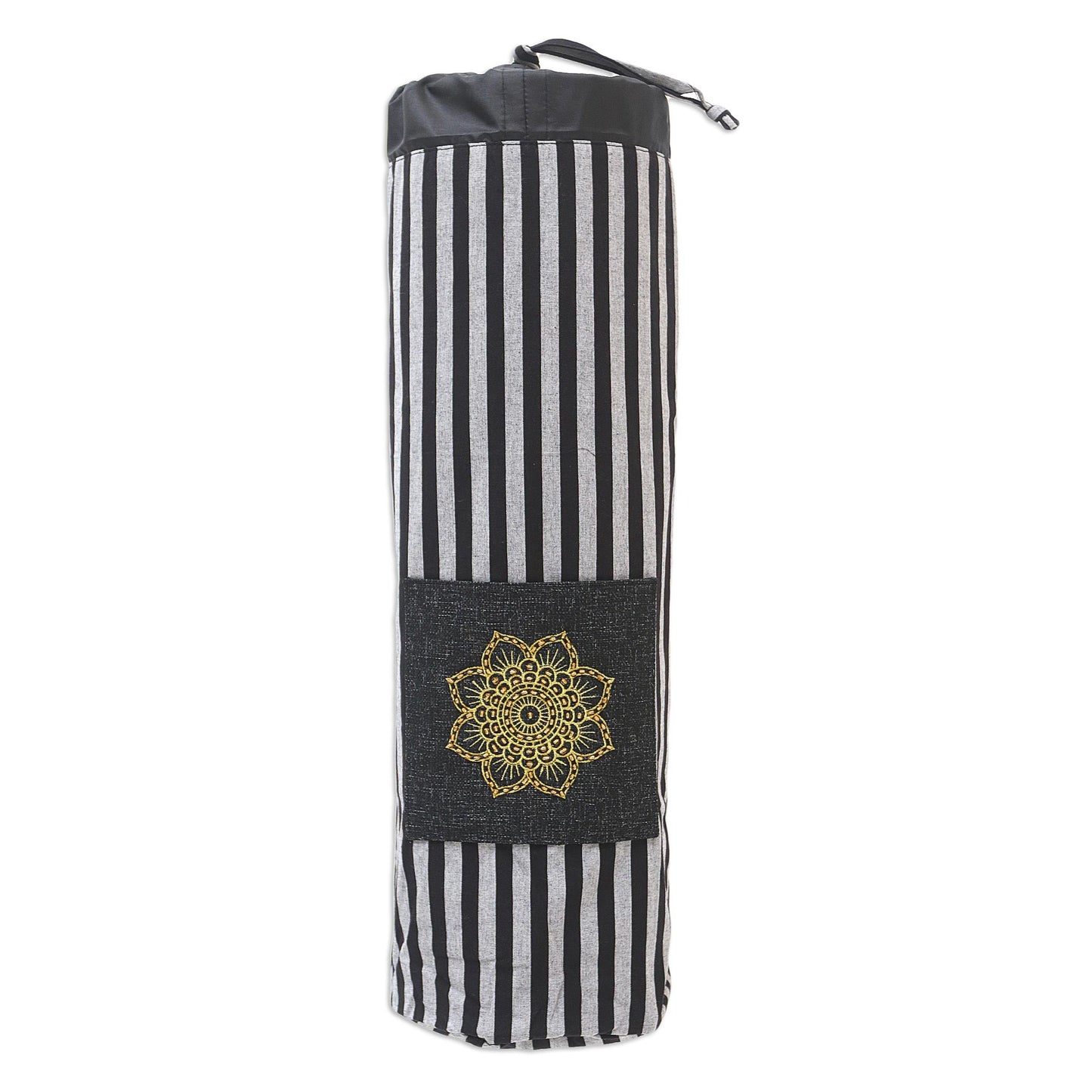 Striped Mandala in Black Ikat Cotton Yoga Mat Bag with Stripe Motif