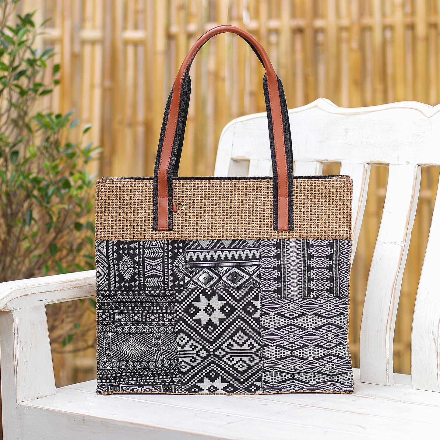 Chill Night in Black Leather-Accented Patchwork Tote Bag