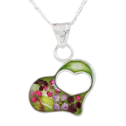Green Flowered Heart Double Heart Sterling Silver and Resin Pendant Necklace