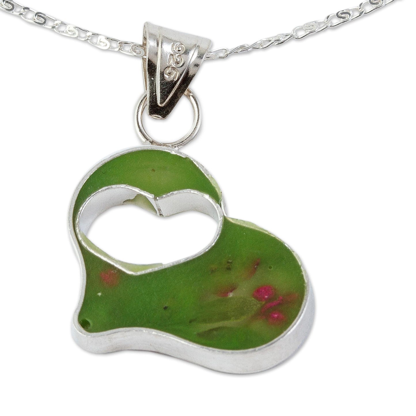 Green Flowered Heart Double Heart Sterling Silver and Resin Pendant Necklace