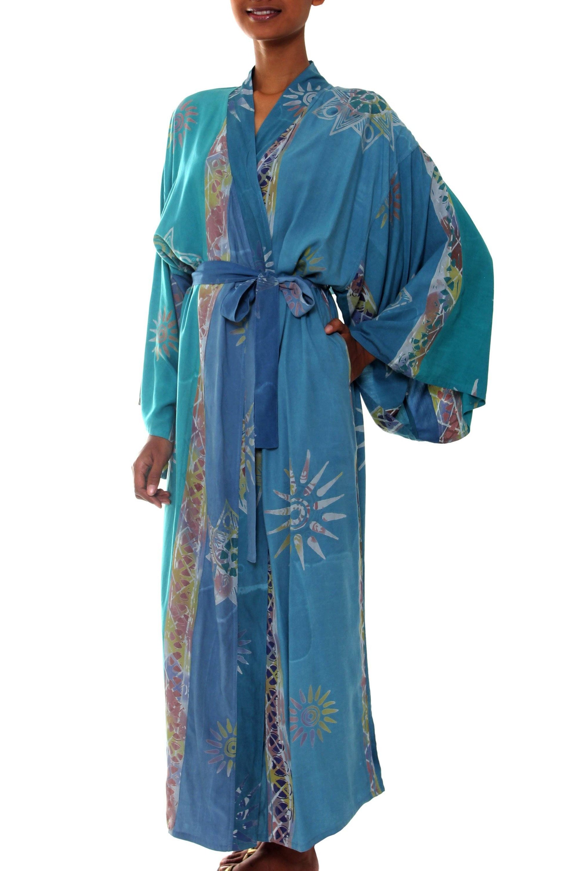 NOVICA - Women's Floral Teal Batik Lightweight Robe