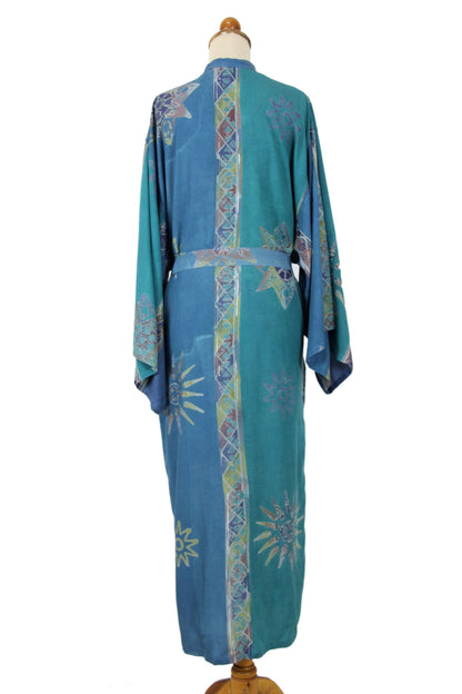 NOVICA - Women's Floral Teal Batik Lightweight Robe