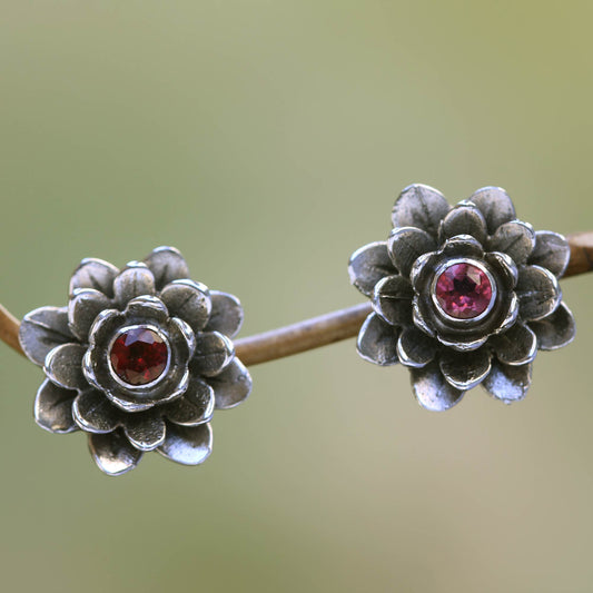 Red-Eyed Lotus Garnet Button Earrings