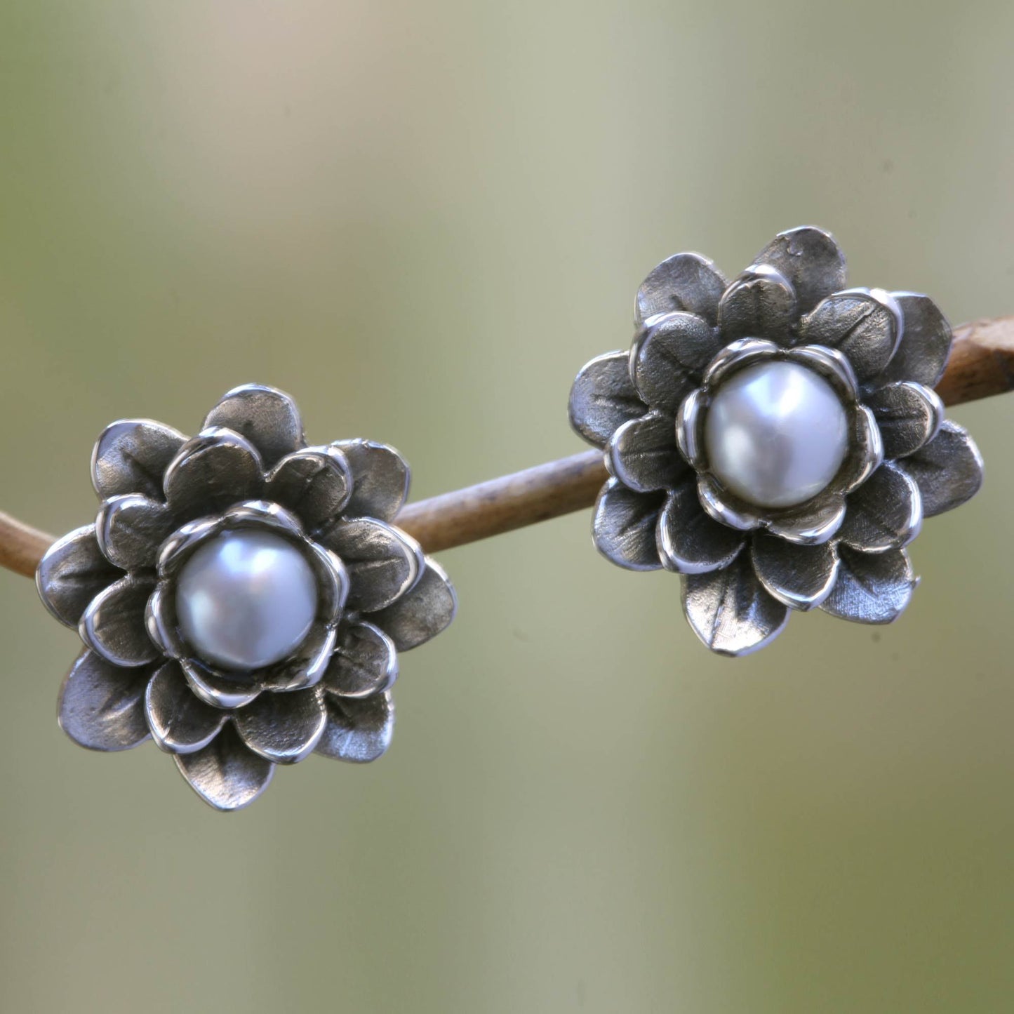 NOVICA - Sterling Silver Pearl & Lotus Flower Stud Earrings