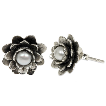 NOVICA - Sterling Silver Pearl & Lotus Flower Stud Earrings