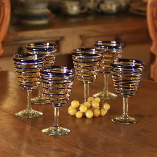 Cobalt Spirals Handblown Recycled Glass Six Striped Blue Wine Glasses