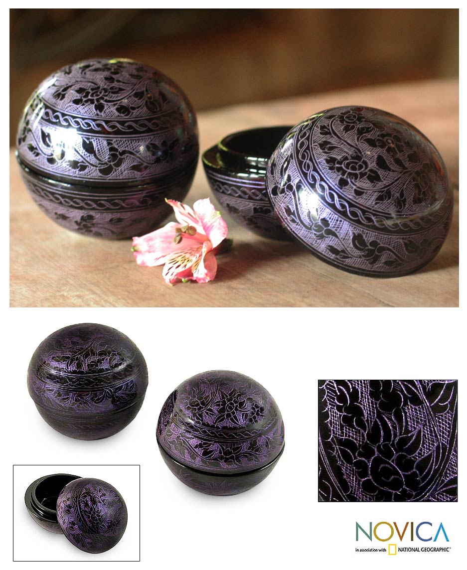 Purple Violets Mango Wood Decorative Box Pair