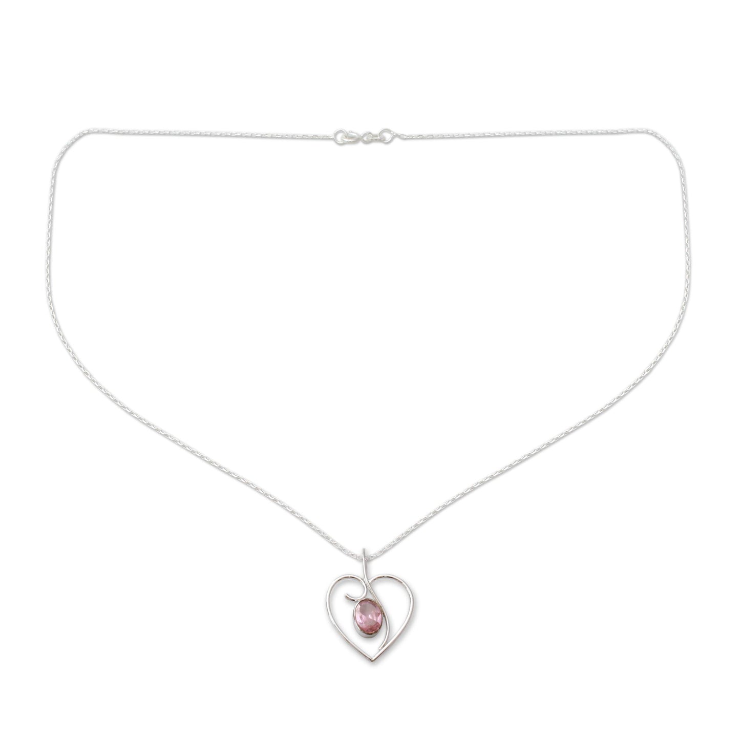 Pink Romance Heart Jewelry Necklace in Sterling Silver and Pink CZ