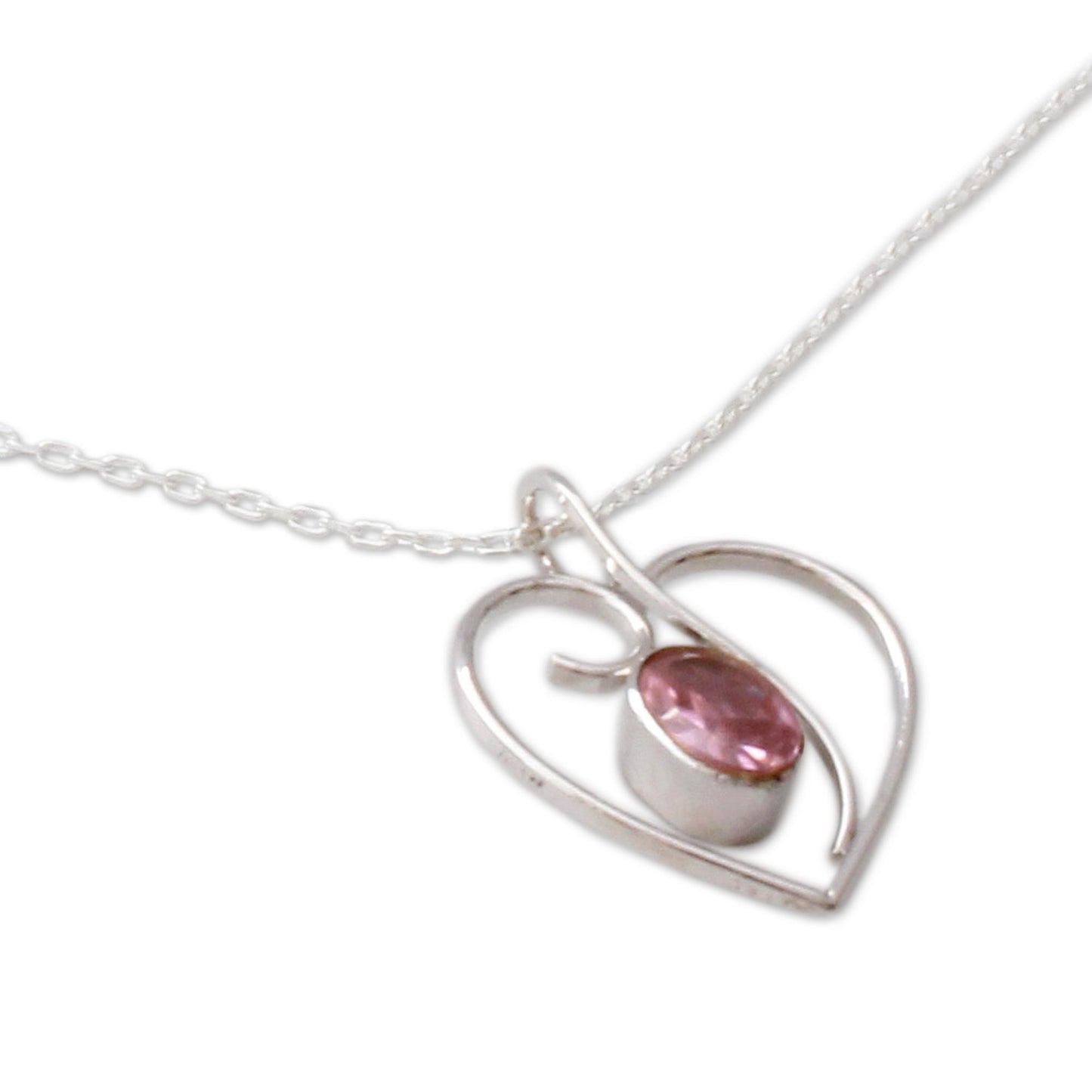 Pink Romance Heart Jewelry Necklace in Sterling Silver and Pink CZ