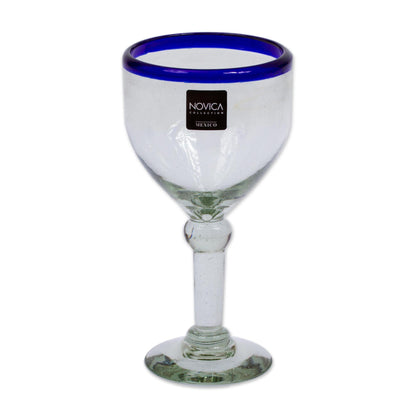 Acapulco Blue Rim Hand Blown Wine Goblet Glass Set