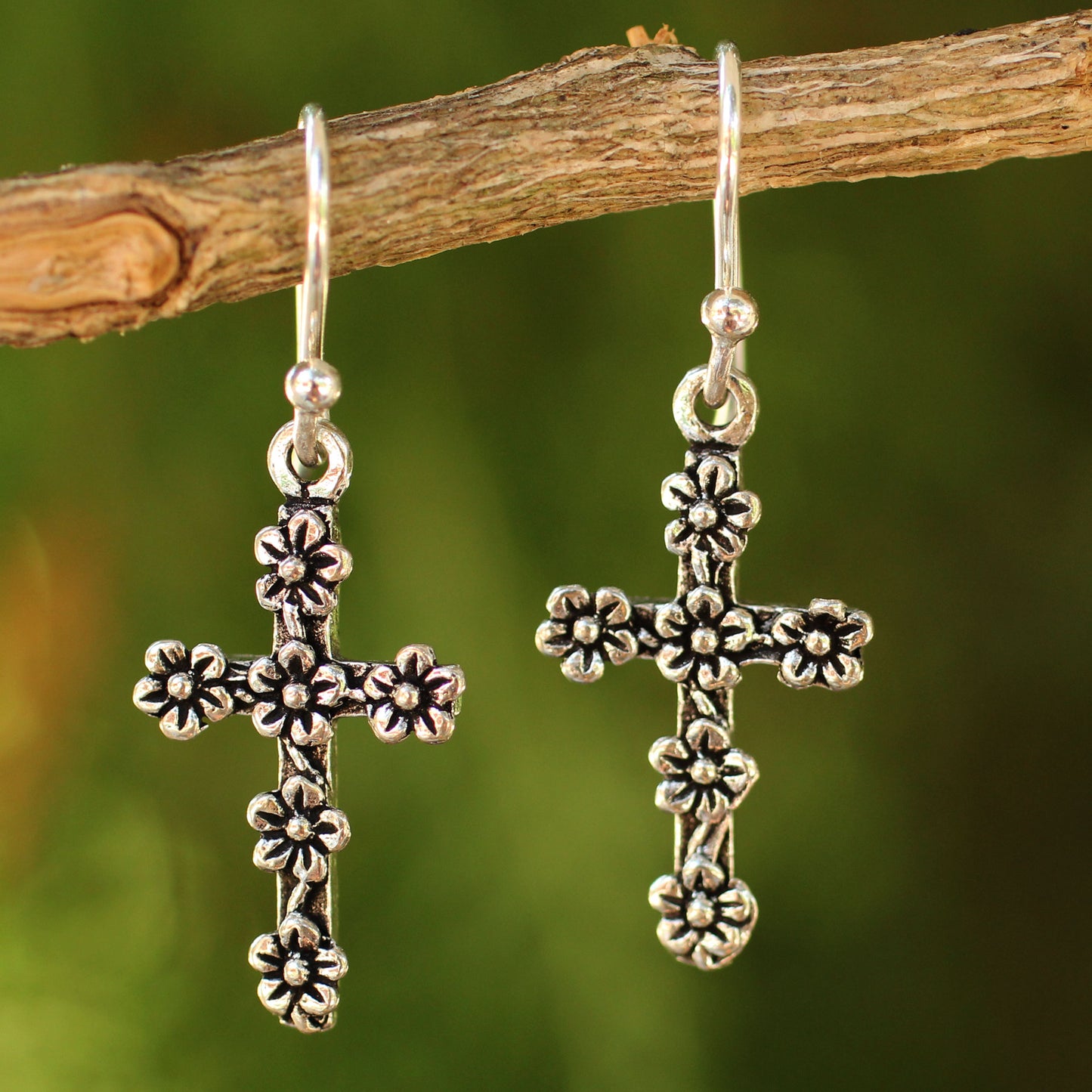 Blooms & Crosses Sterling Silver Earrings