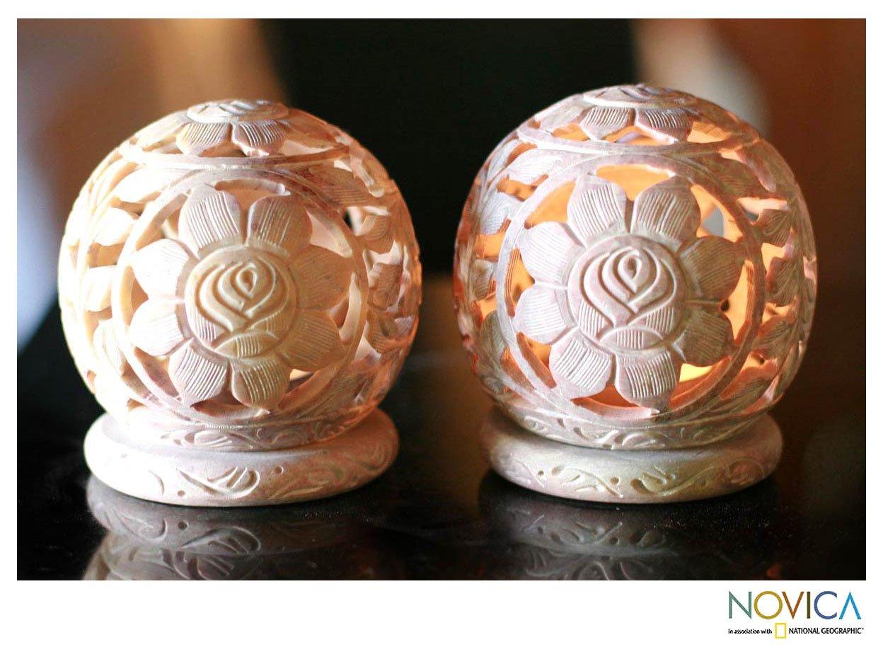 NOVICA - Carved Soapstone 'Sunflowers' Candle Holder