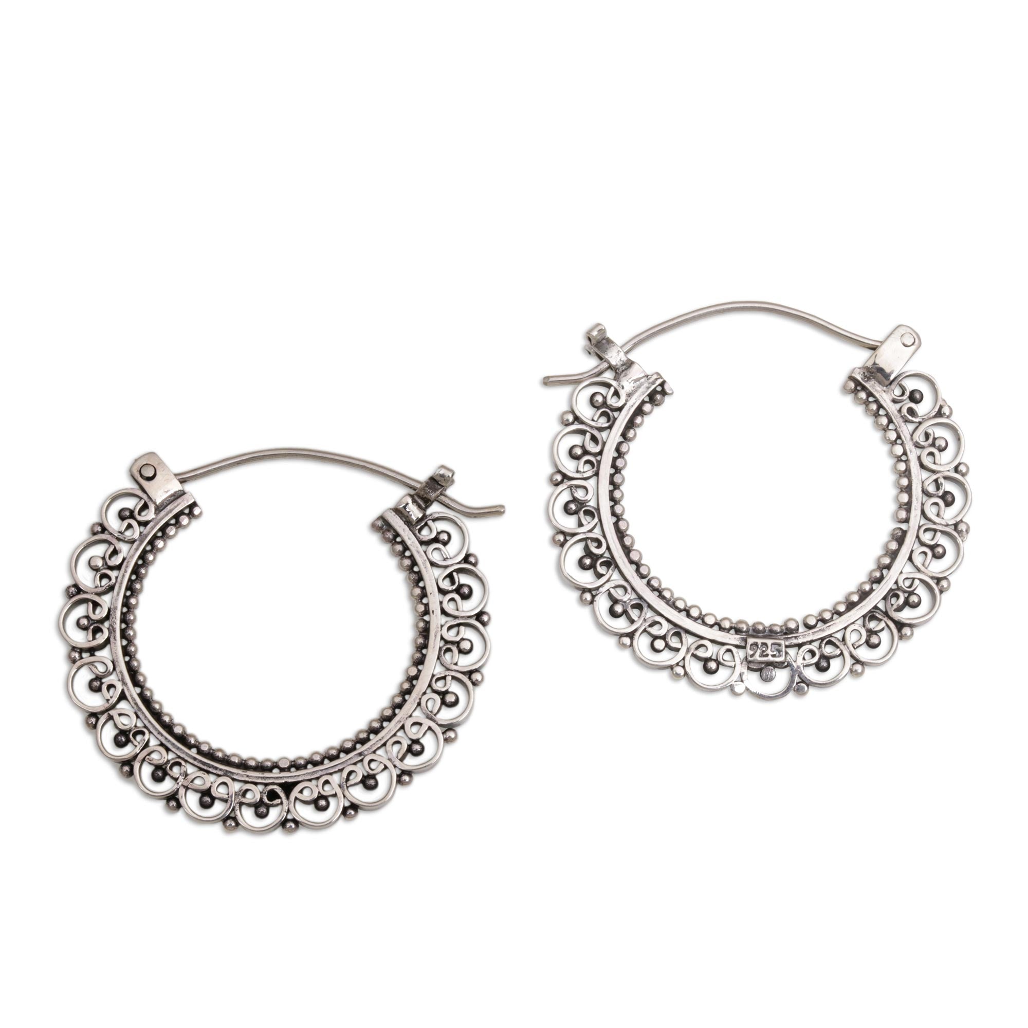 NOVICA Balinese Lace Sterling Silver Hoop Earrings | GreaterGood