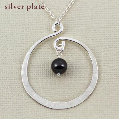 Twirling Hoop w/Black Swarovski Pearl 36mm Silver Plate Necklace