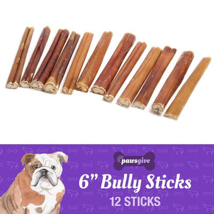PawsGive - PawsGive 6" Bully Sticks For Dogs From Grass Fed Free Range Cattle