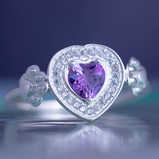 Sterling Silver & Amethyst Paw Print Heart Ring