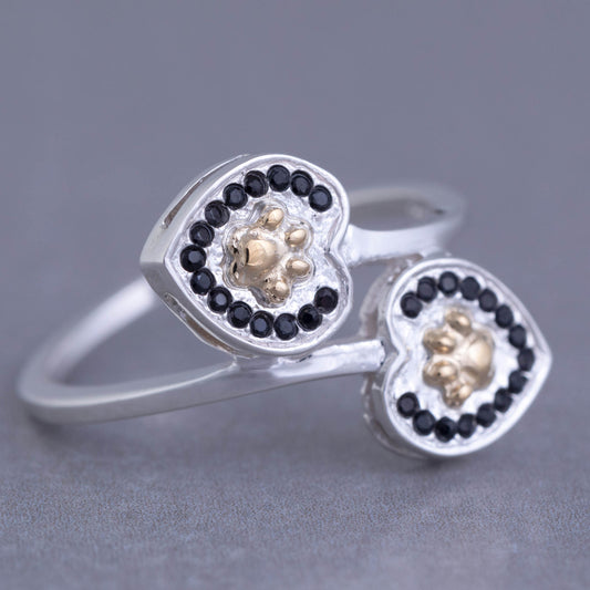 Double Love Paw Print Sterling Ring