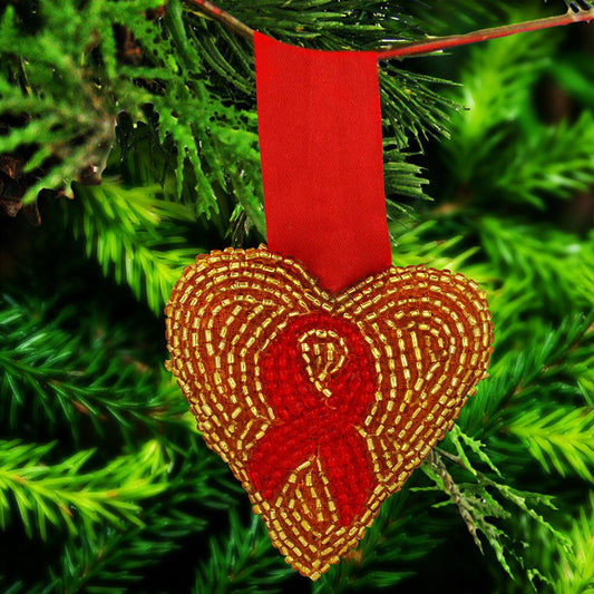 Custom Red Ribbon & Gold Heart Ornament