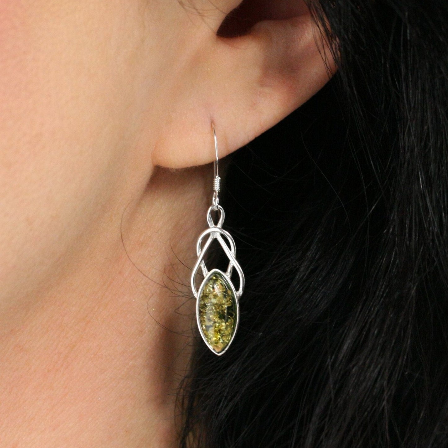 Green Amber Celtic Earrings