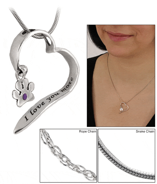 I Love You More Sterling Paw Print Heart Necklace